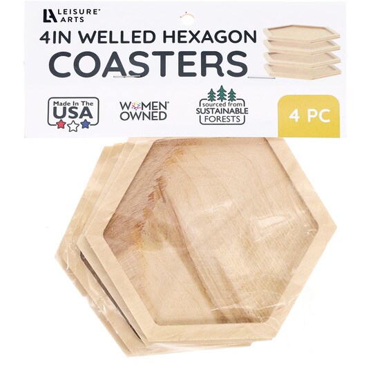 Welled Wood Coaster Hexagon 4" x 4.5", 4 piece, for wooden coasters, crafts and decorations, welled center for resin design or paint - for decoupage, engraving, wood burning